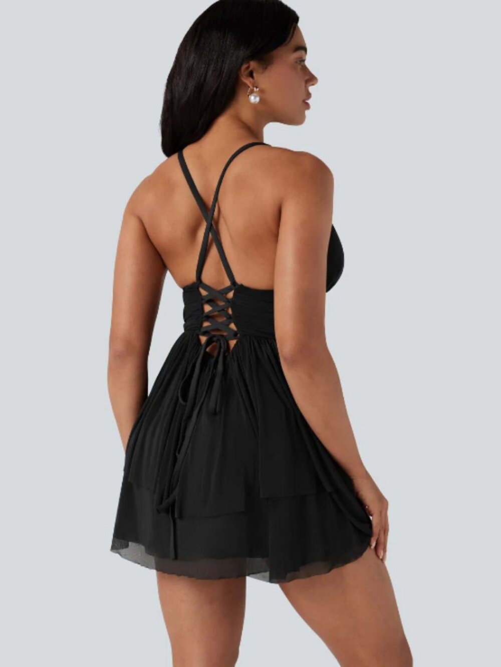 Halara Black Lace - Up Mesh Layered Mini Dress Size Medium